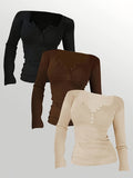 3pcs set womens solid color button half   long sleeve
