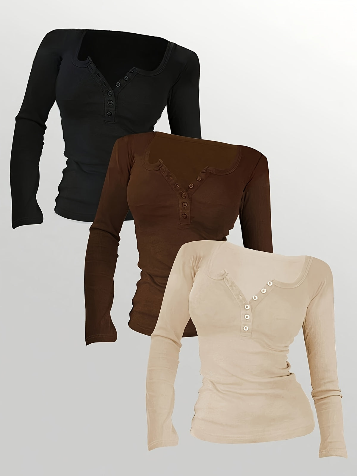 3pcs set womens solid color button half   long sleeve