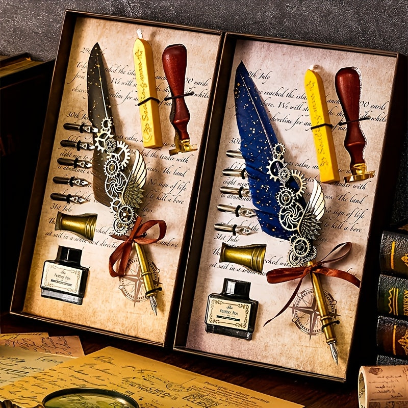 1 set feathers vintage mechanical gear pen wax print brass