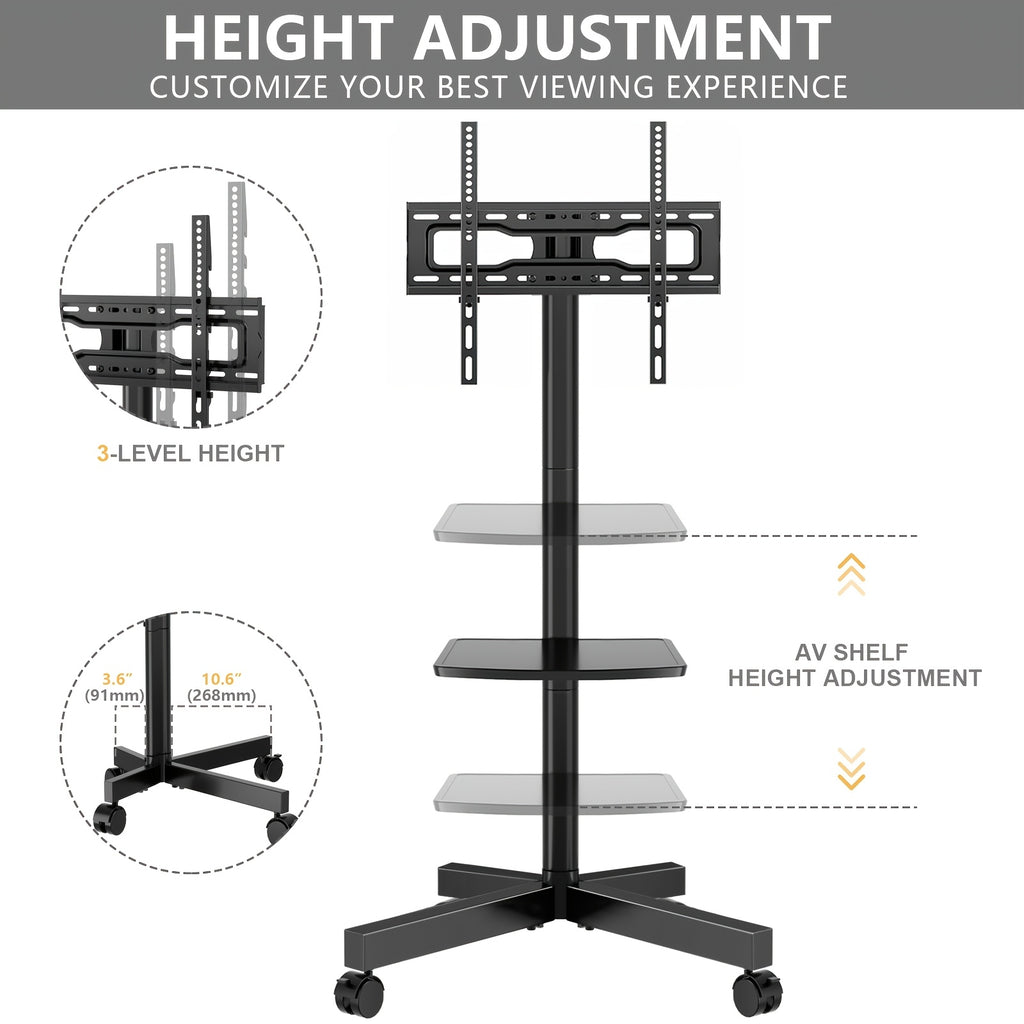 height adjustable mobile tv cart wheels 23 60 inch tvs