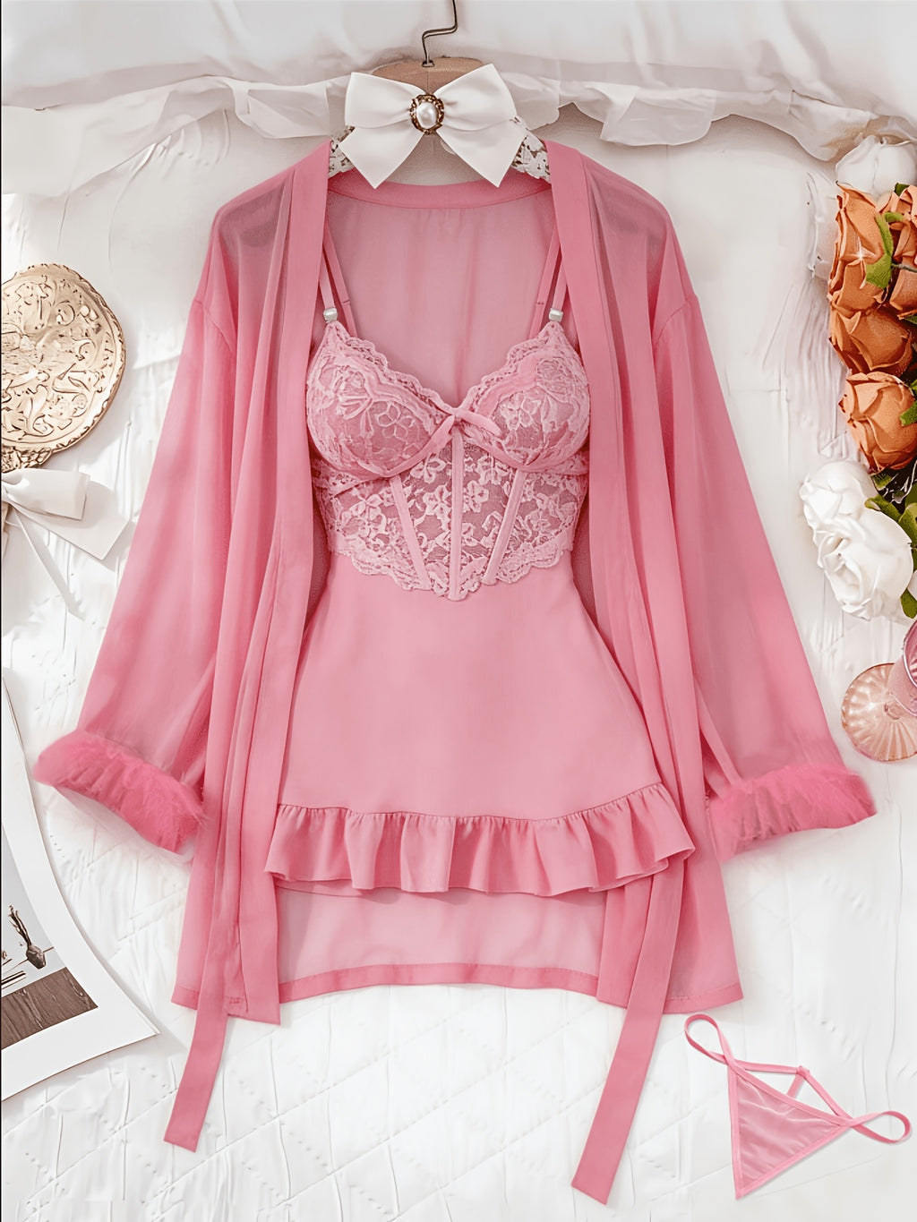 womens   3pcs sheer lace   set robe panty see