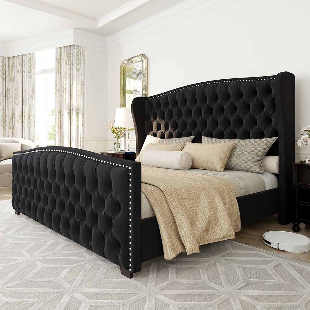 platform bed frame velvet upholstered bed deep button tufted