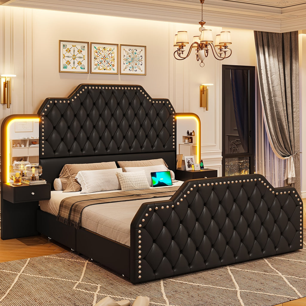 queen size bed frame 2 nightstands mirror modern platform