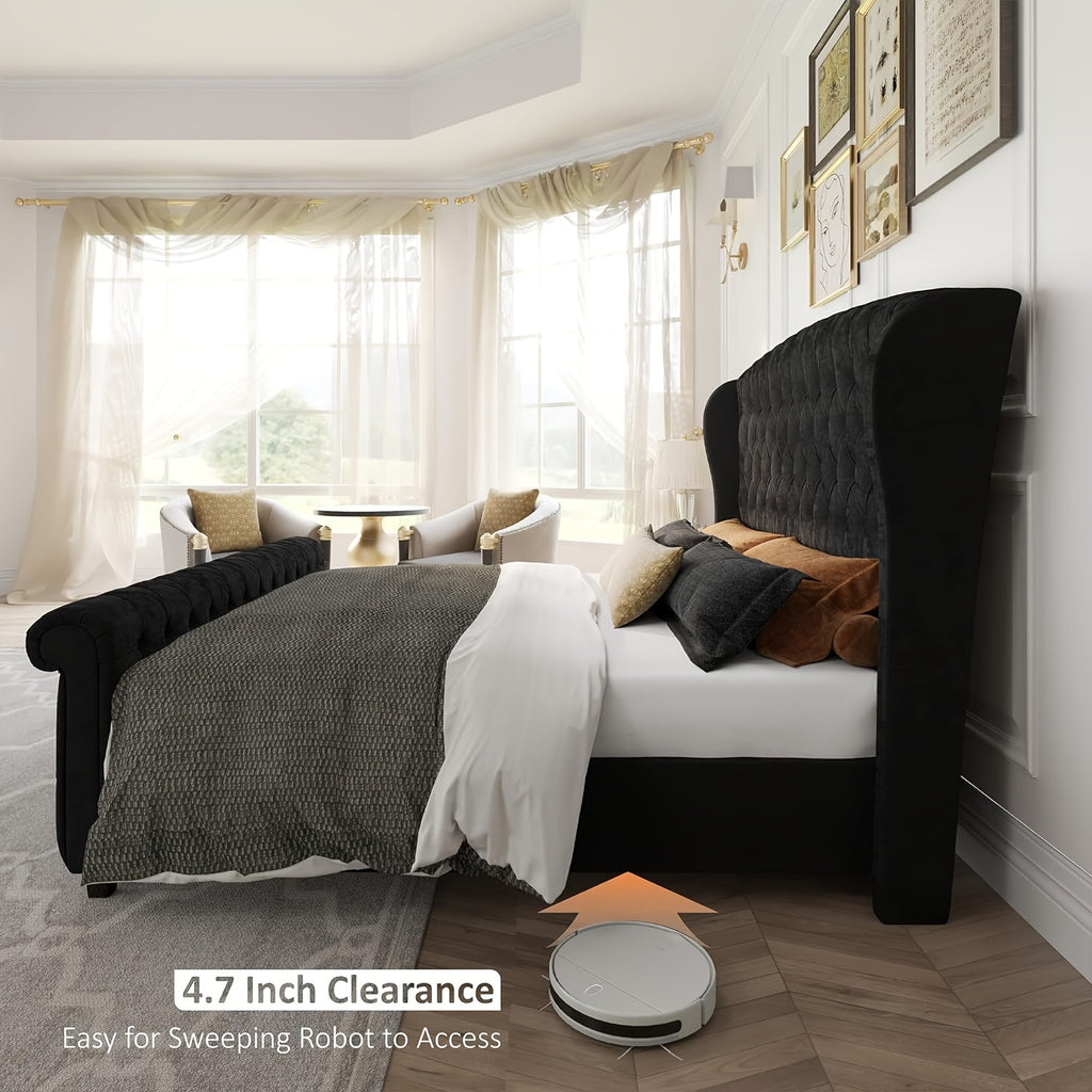 chenille upholstered platform bed frame scroll wingback