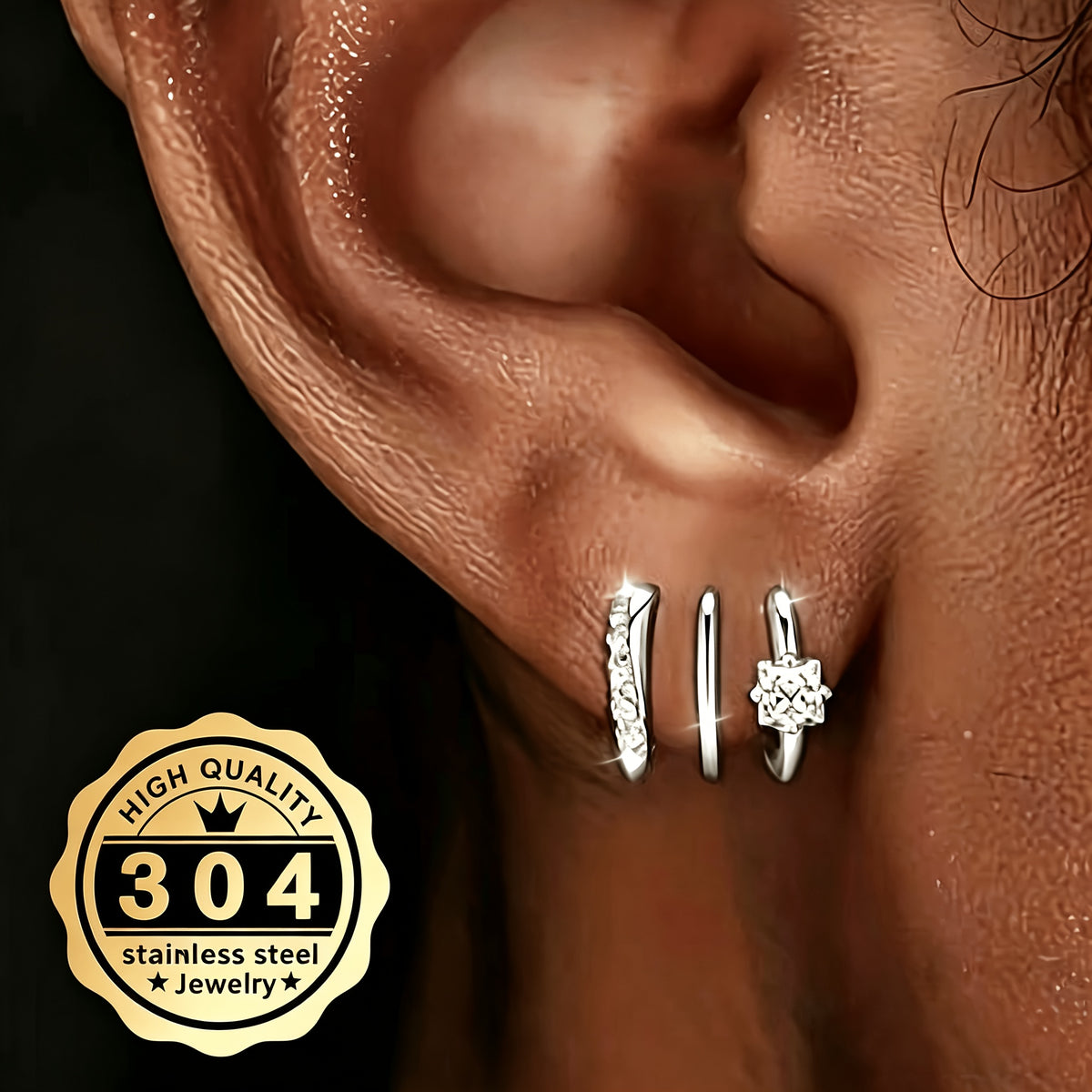 a pair high quality 304 stainless steel triple arc earrings
