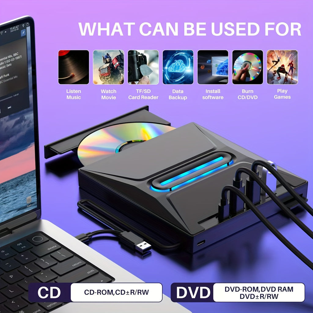 new 8 in 1 luminous external cd dvd drive usb 3 0 type c