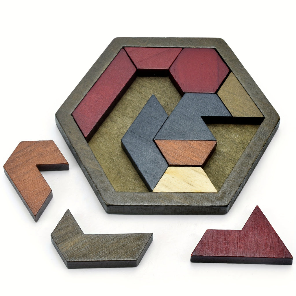 1 set hexagon tangram puzzle wooden puzzle toys challenging