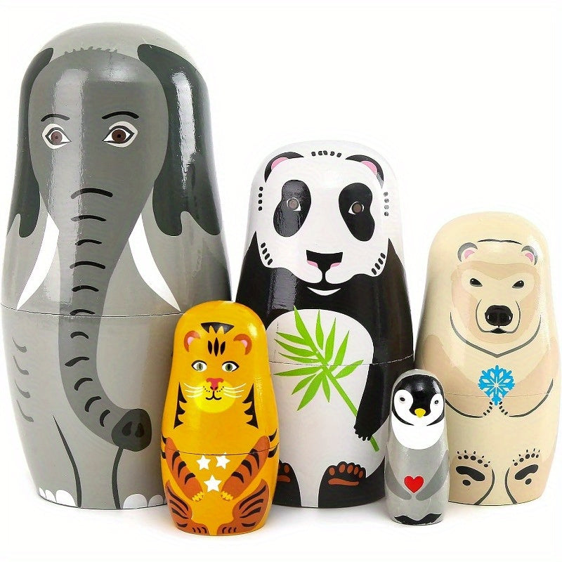 5pcs handmade wooden   nesting dolls elephant panda