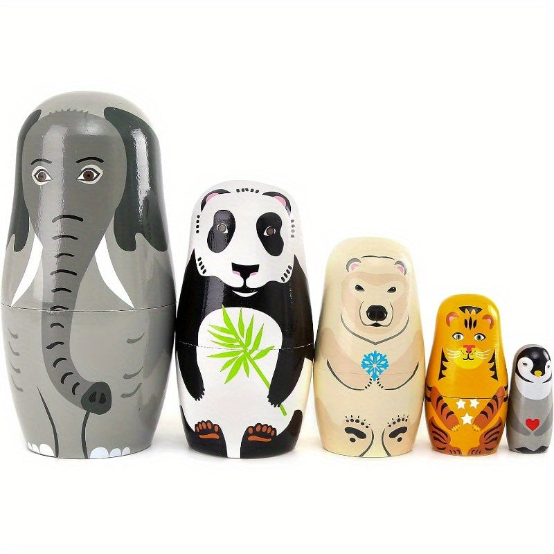 5pcs handmade wooden   nesting dolls elephant panda