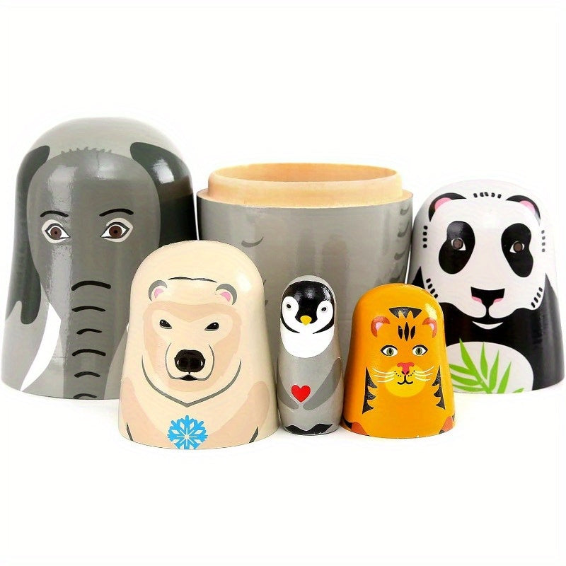 5pcs handmade wooden   nesting dolls elephant panda
