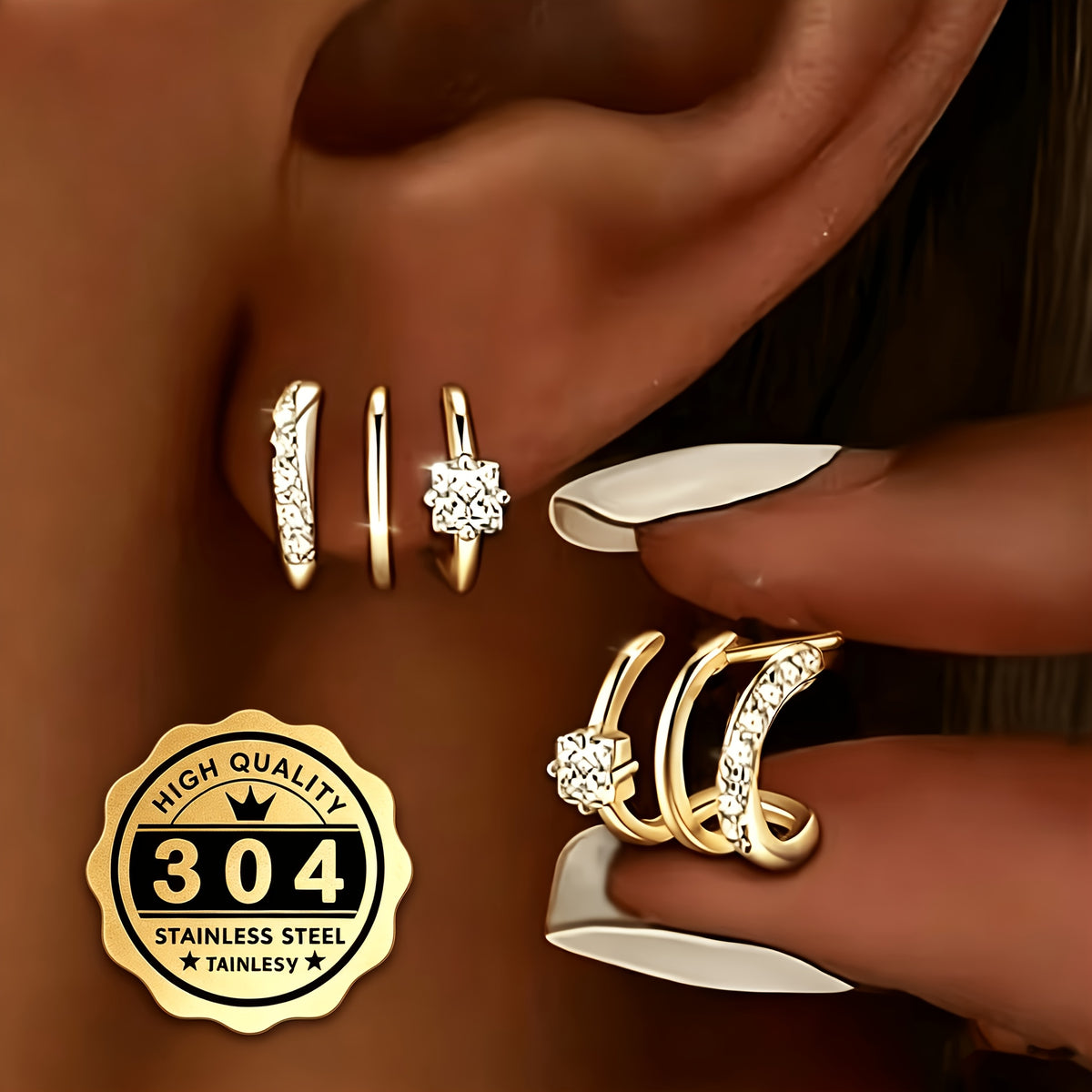a pair high quality 304 stainless steel triple arc earrings