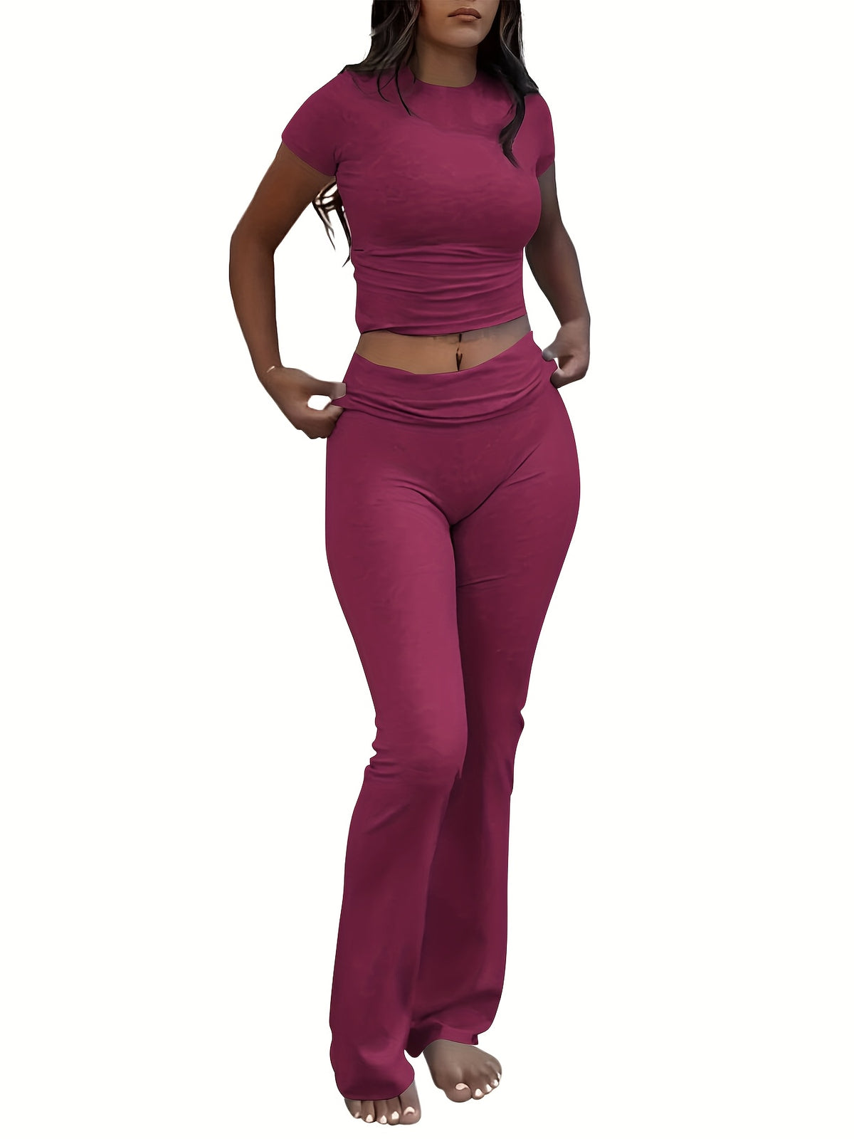 casual solid color   two piece pants set short sleeve