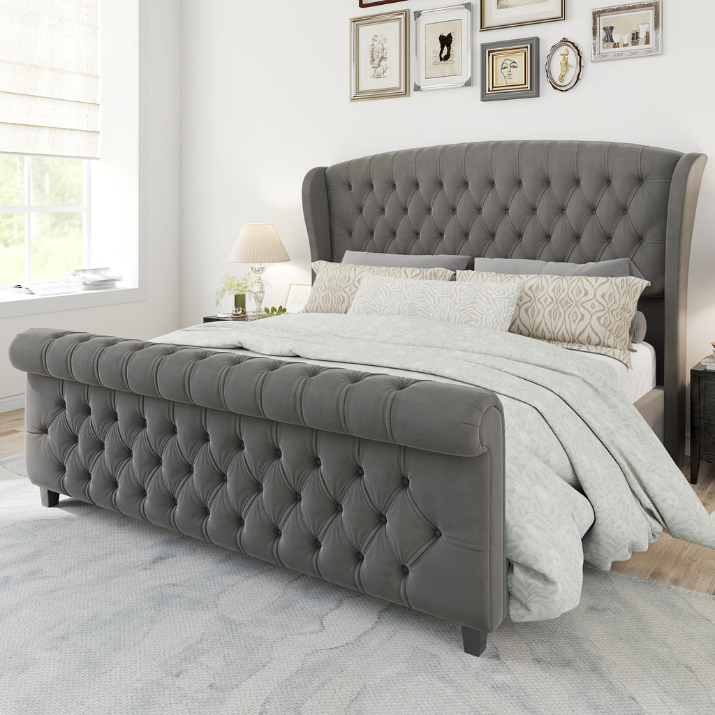chenille upholstered platform bed frame scroll wingback