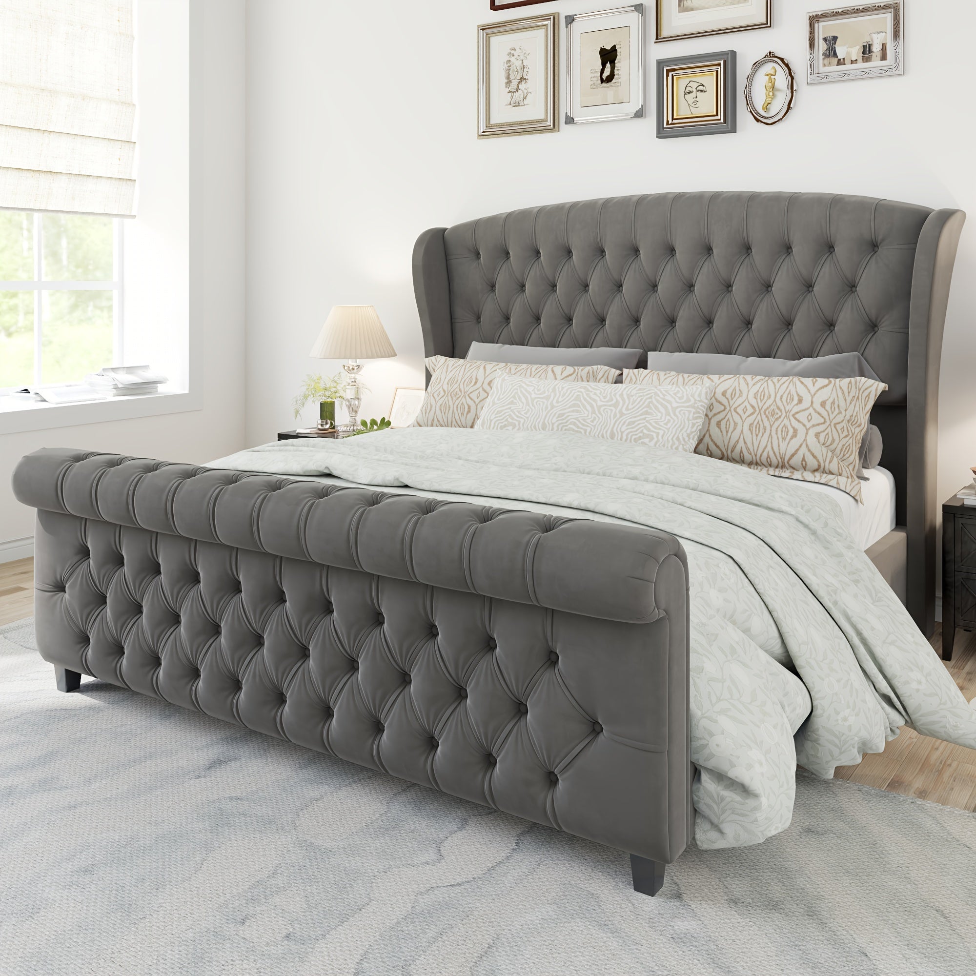 chenille upholstered platform bed frame scroll wingback