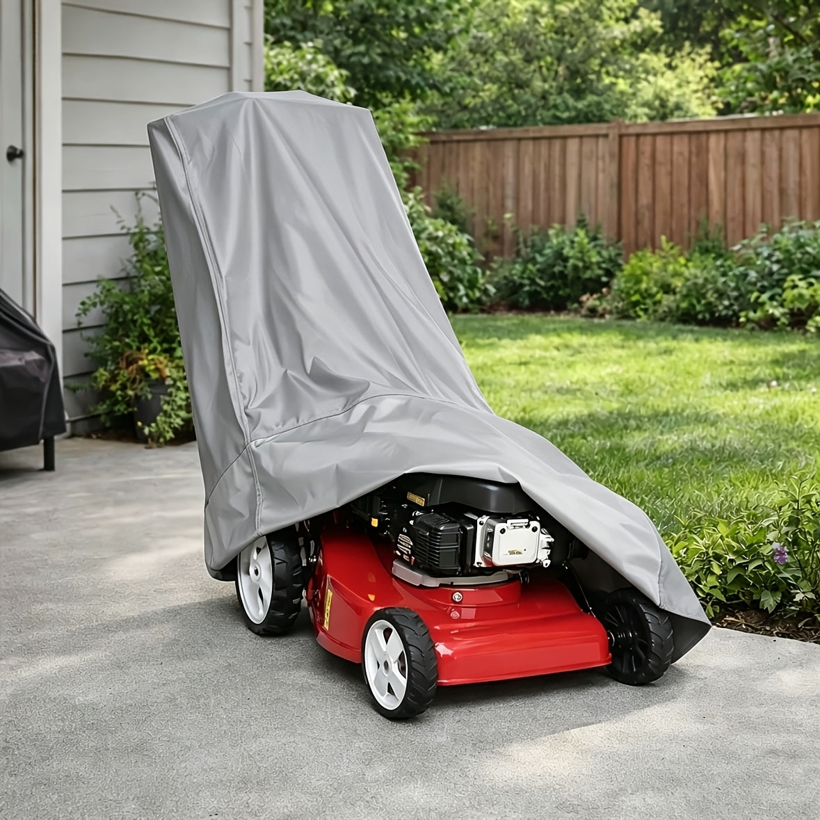 a lawn mower cover designed outdoor storage   in a