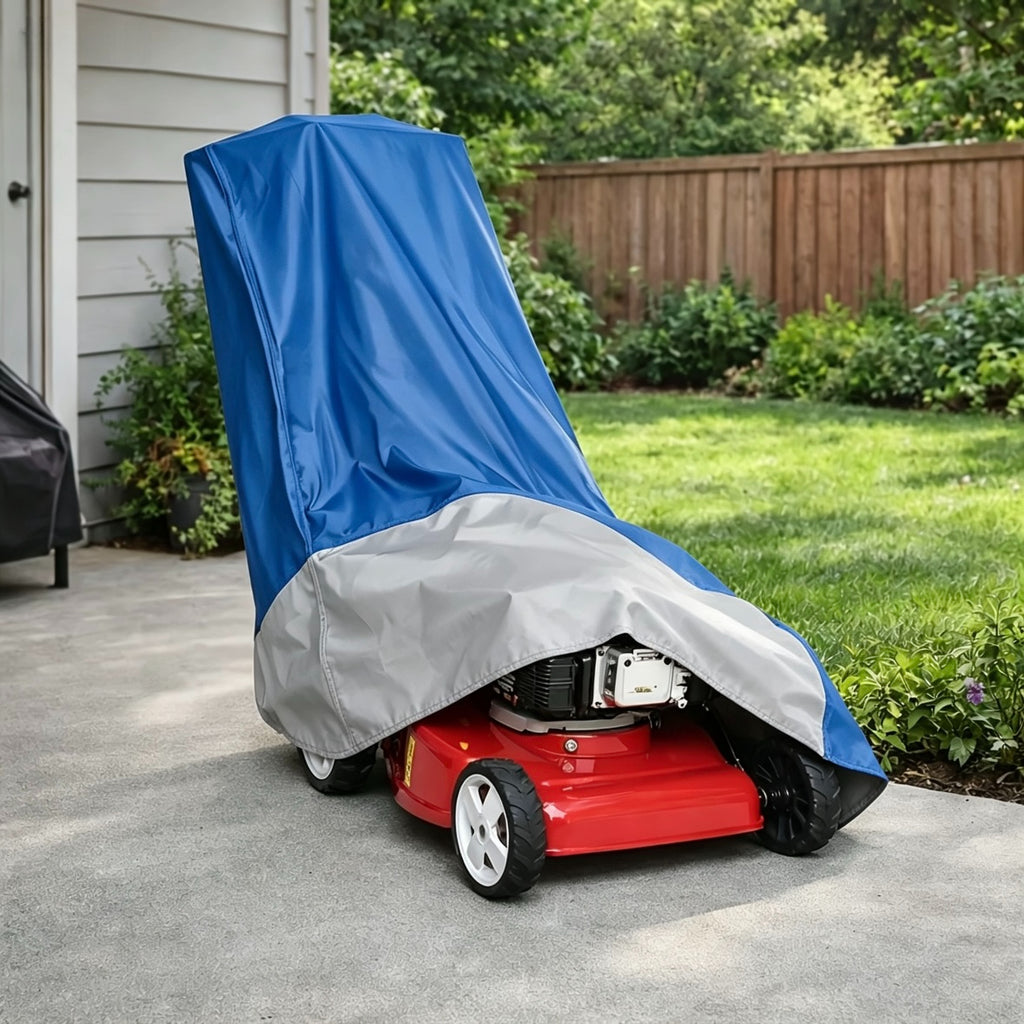 a lawn mower cover designed outdoor storage   in a