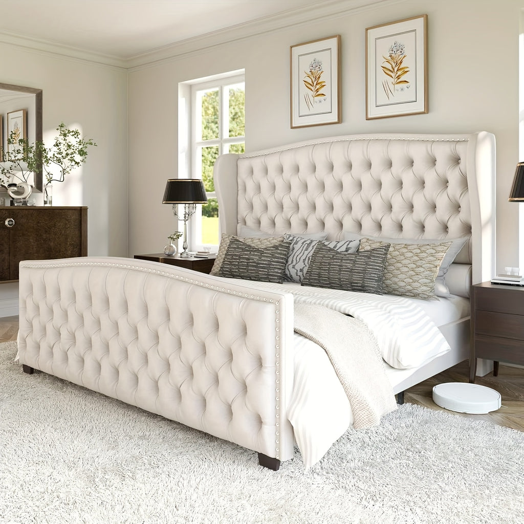 platform bed frame velvet upholstered bed deep button tufted