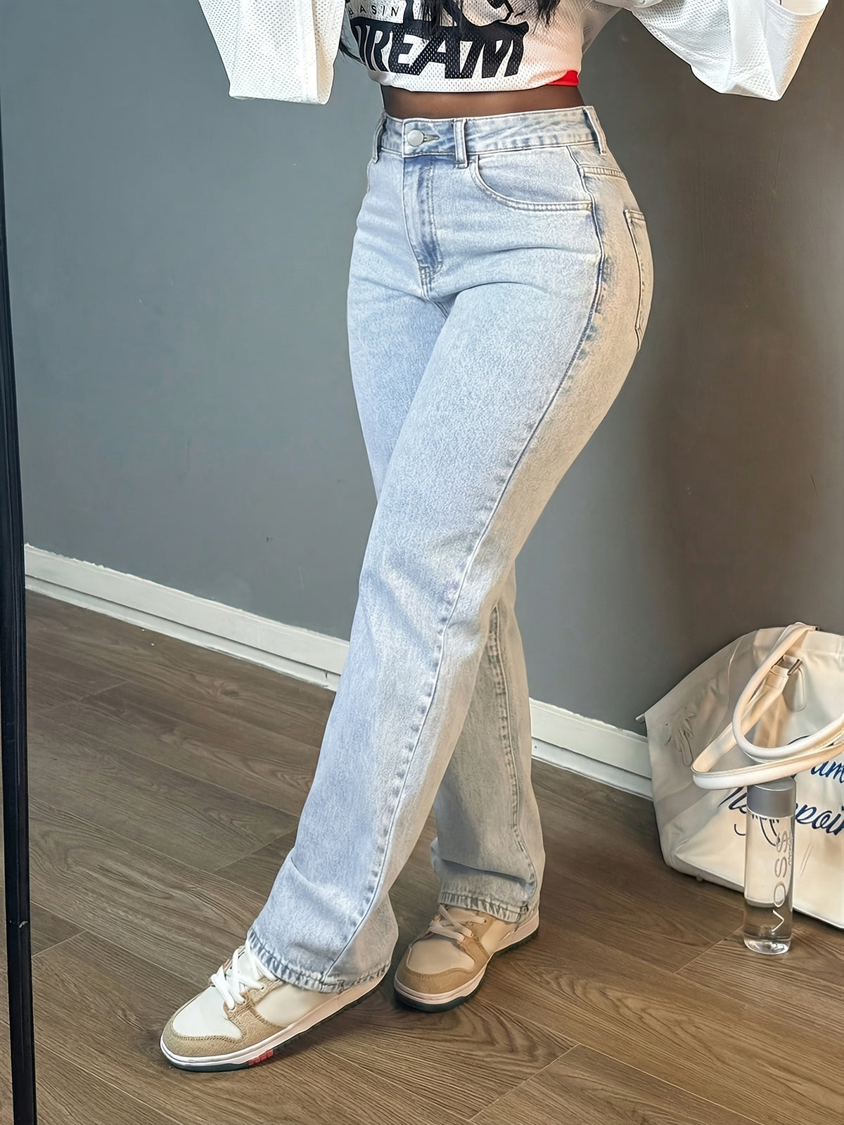 womens high waisted light wash straight leg jeans loose fit