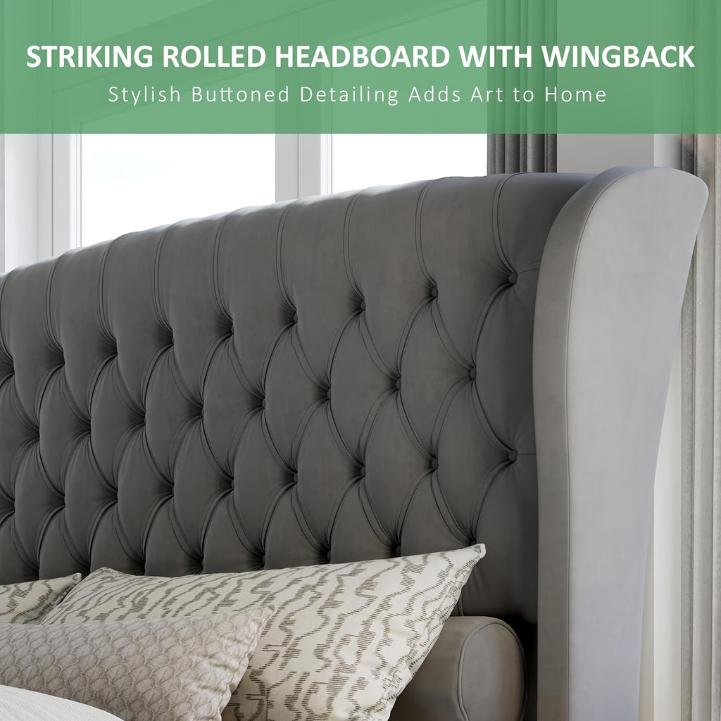 chenille upholstered platform bed frame scroll wingback