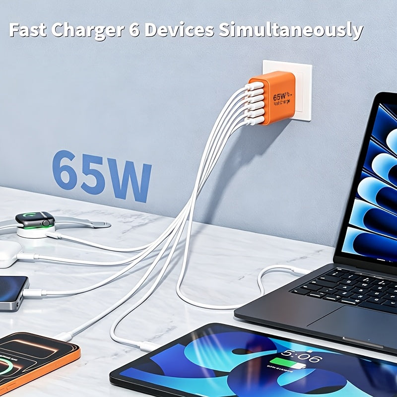 65w 6 port type c type a multi port charger home wall