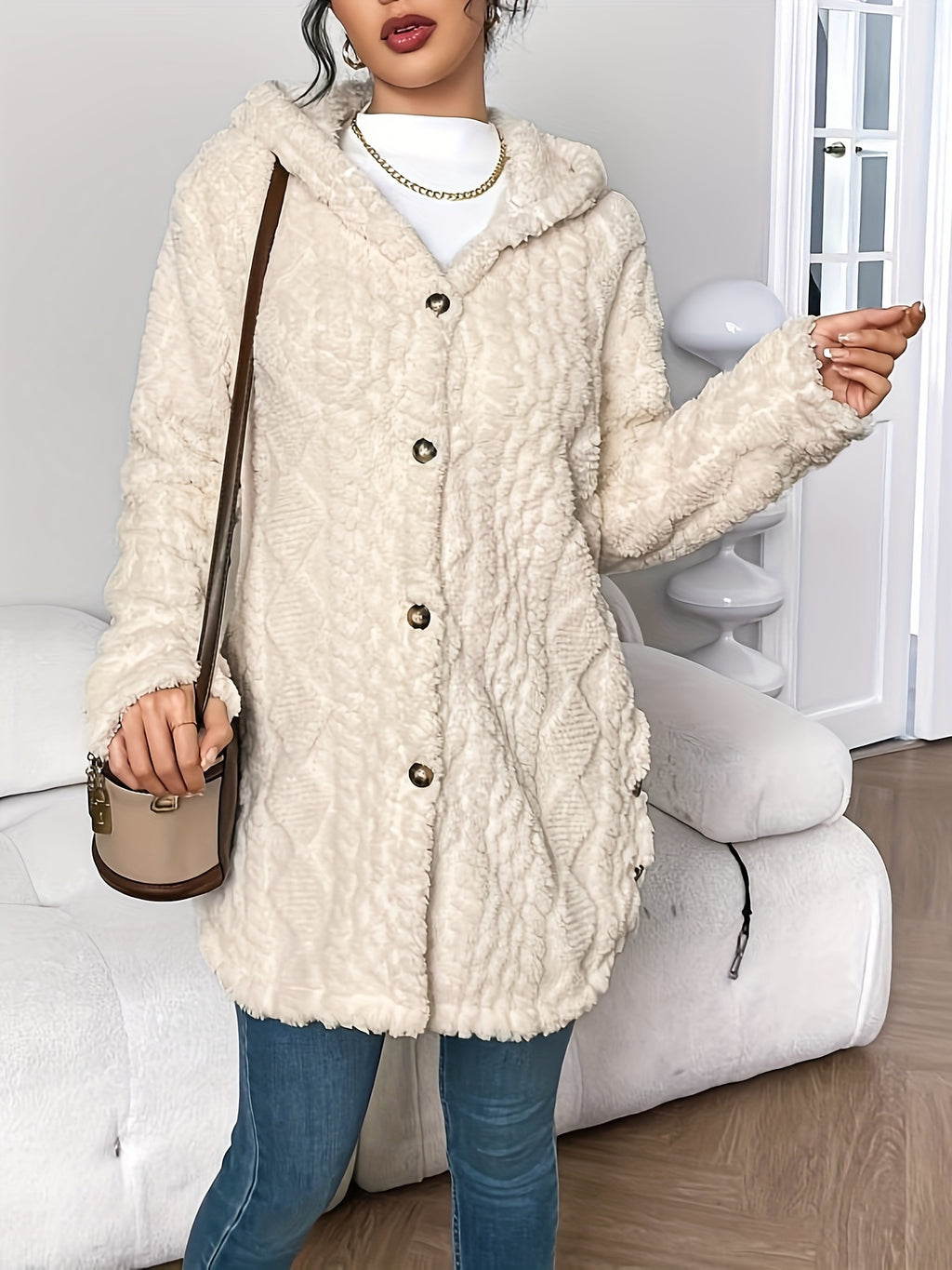 autumn winter   jacquard plush hooded cardigan