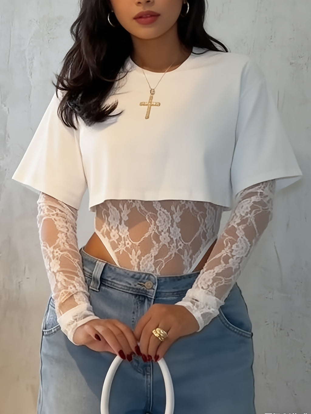 long sleeve irregular t shirt top lace jumpsuit women round