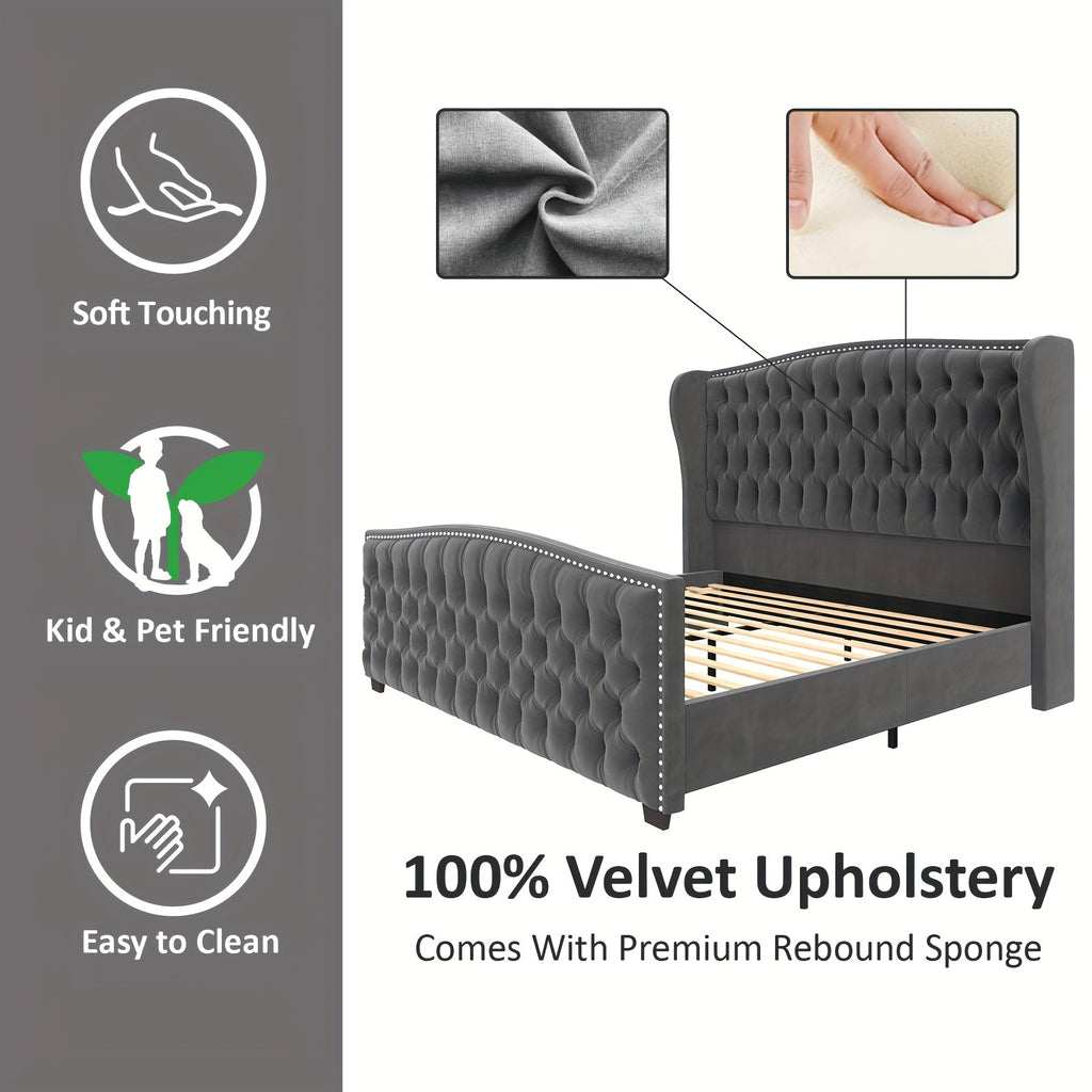 platform bed frame velvet upholstered bed deep button tufted