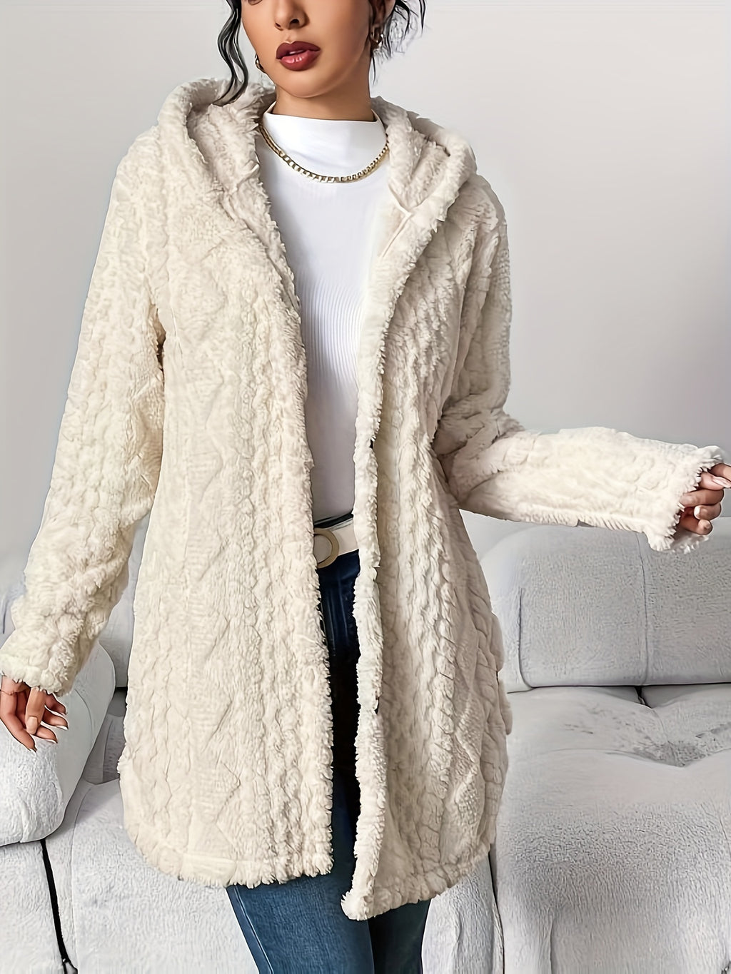 autumn winter   jacquard plush hooded cardigan