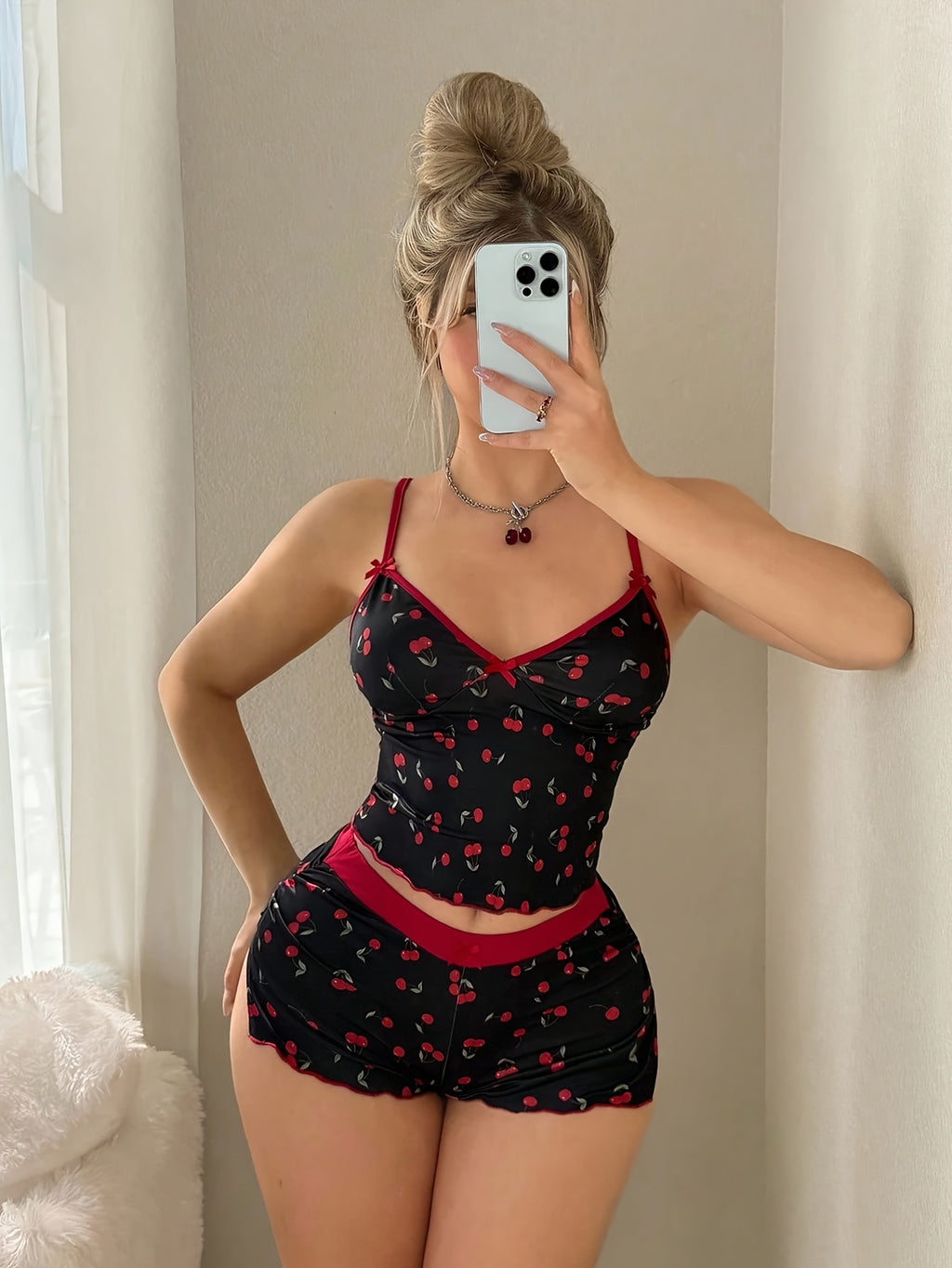 two piece womens camisole shorts set contrasting cherry