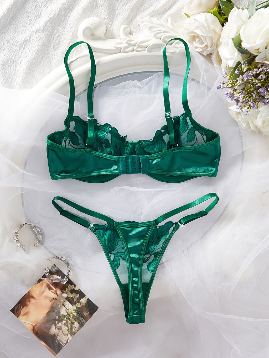 womens green floral   embroidery lingerie set semi