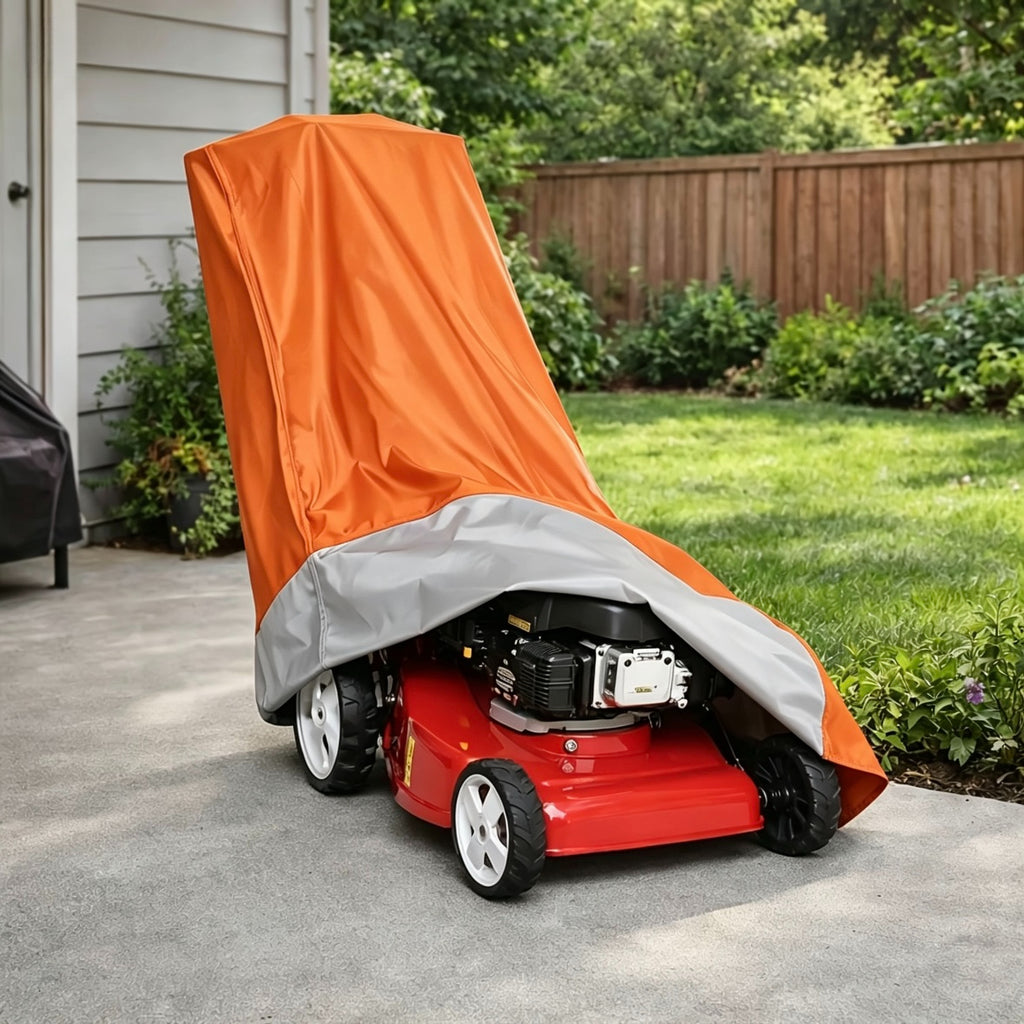 a lawn mower cover designed outdoor storage   in a