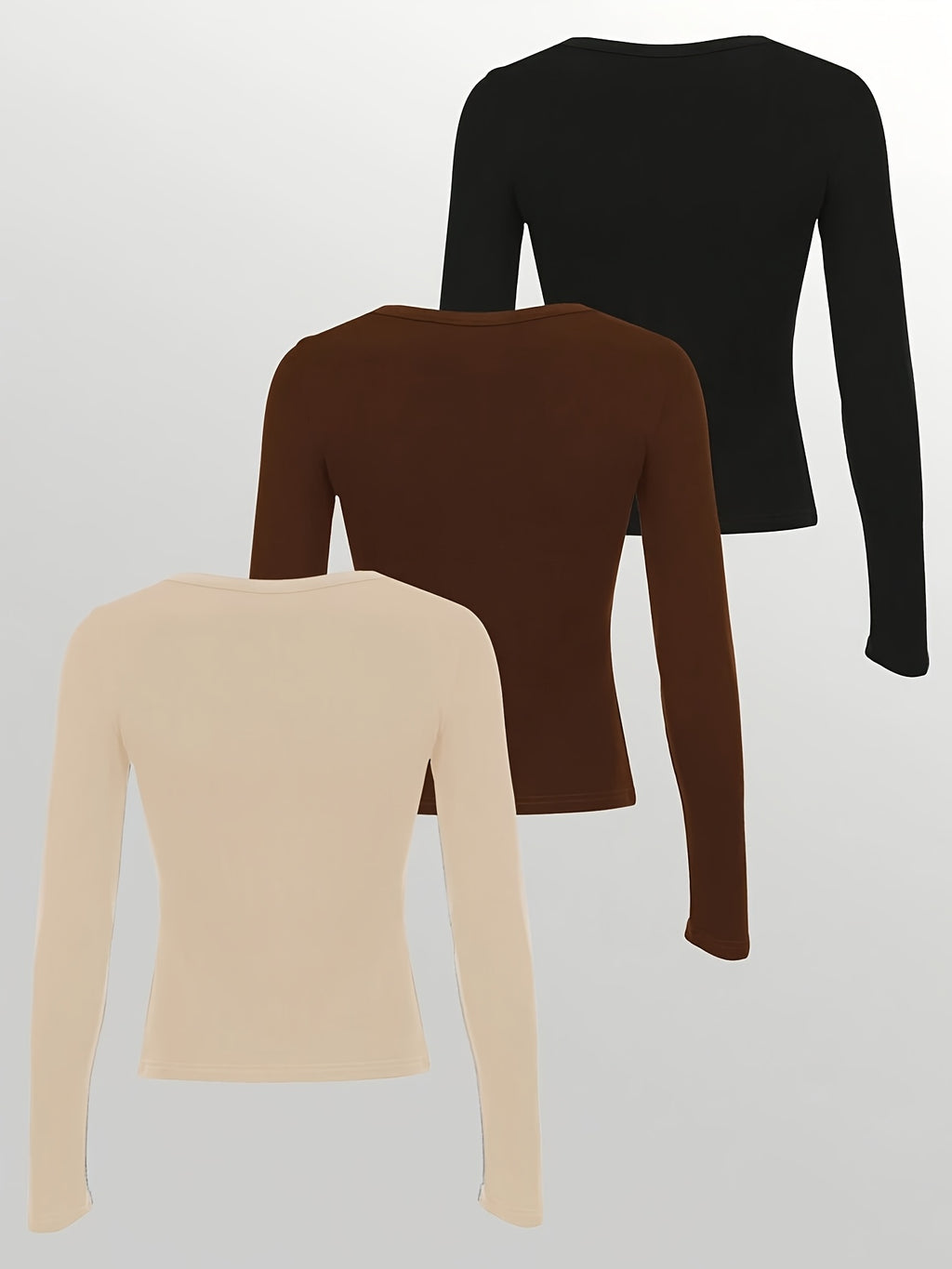 3pcs set womens solid color button half   long sleeve
