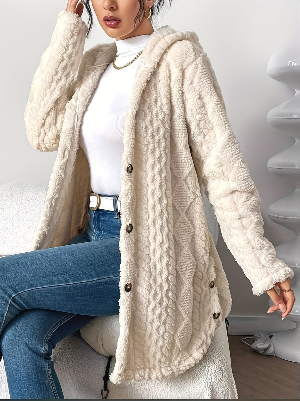 autumn winter   jacquard plush hooded cardigan