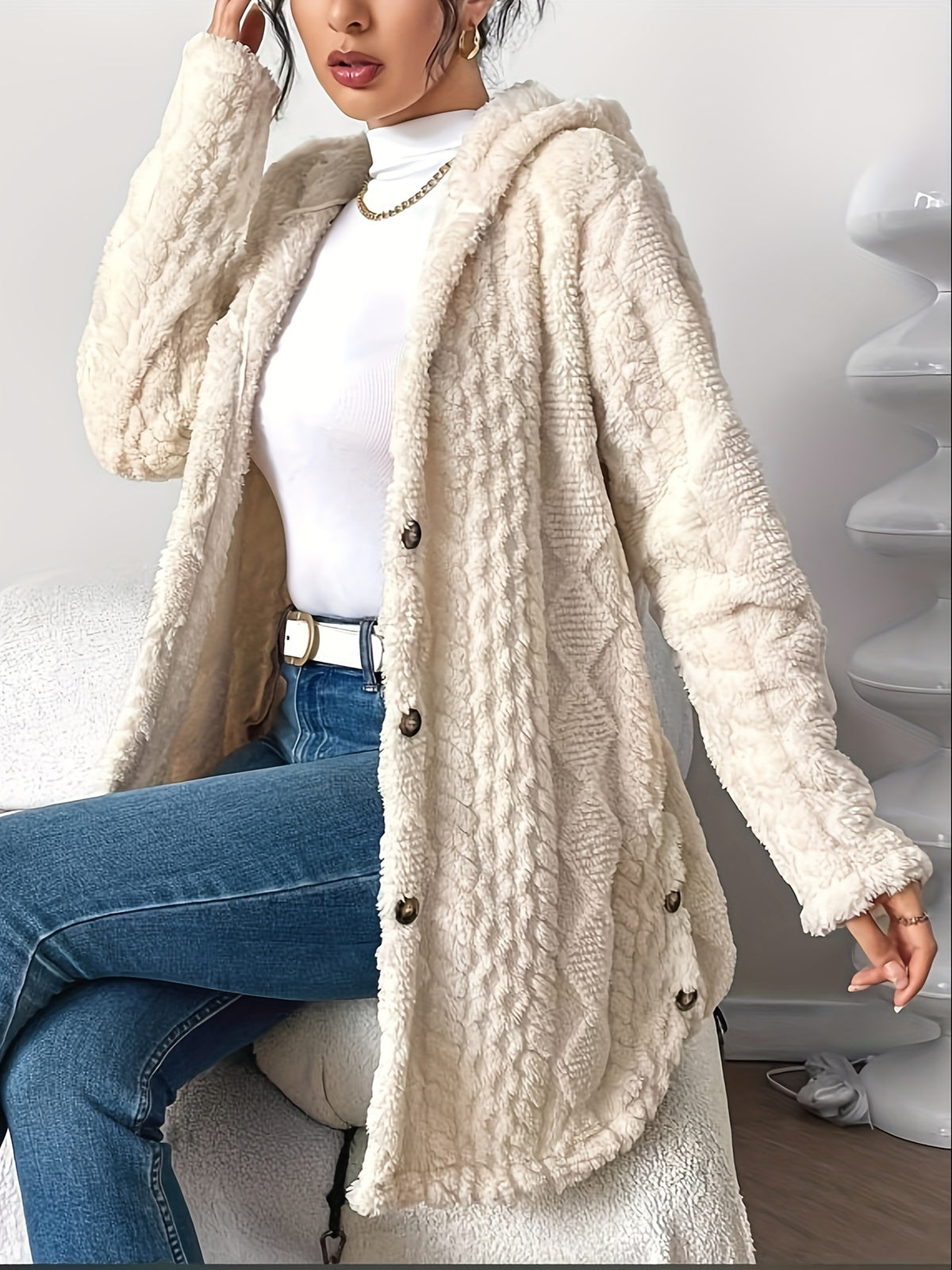 autumn winter   jacquard plush hooded cardigan