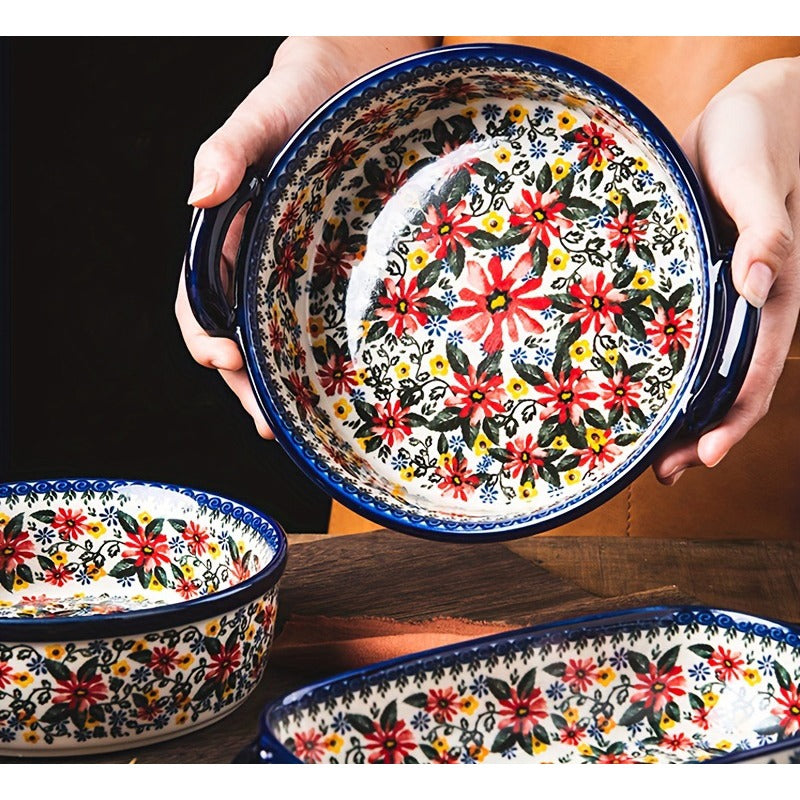 1pc large 950ml ceramic soup bowl dual handles floral