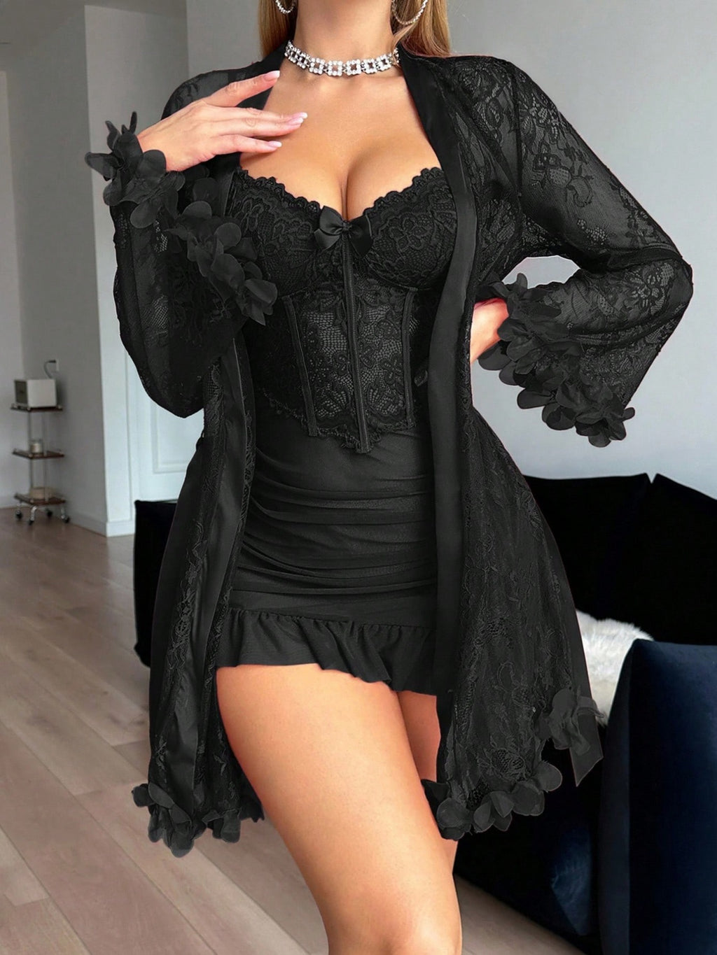 womens     lace camisole dress lace trim robe