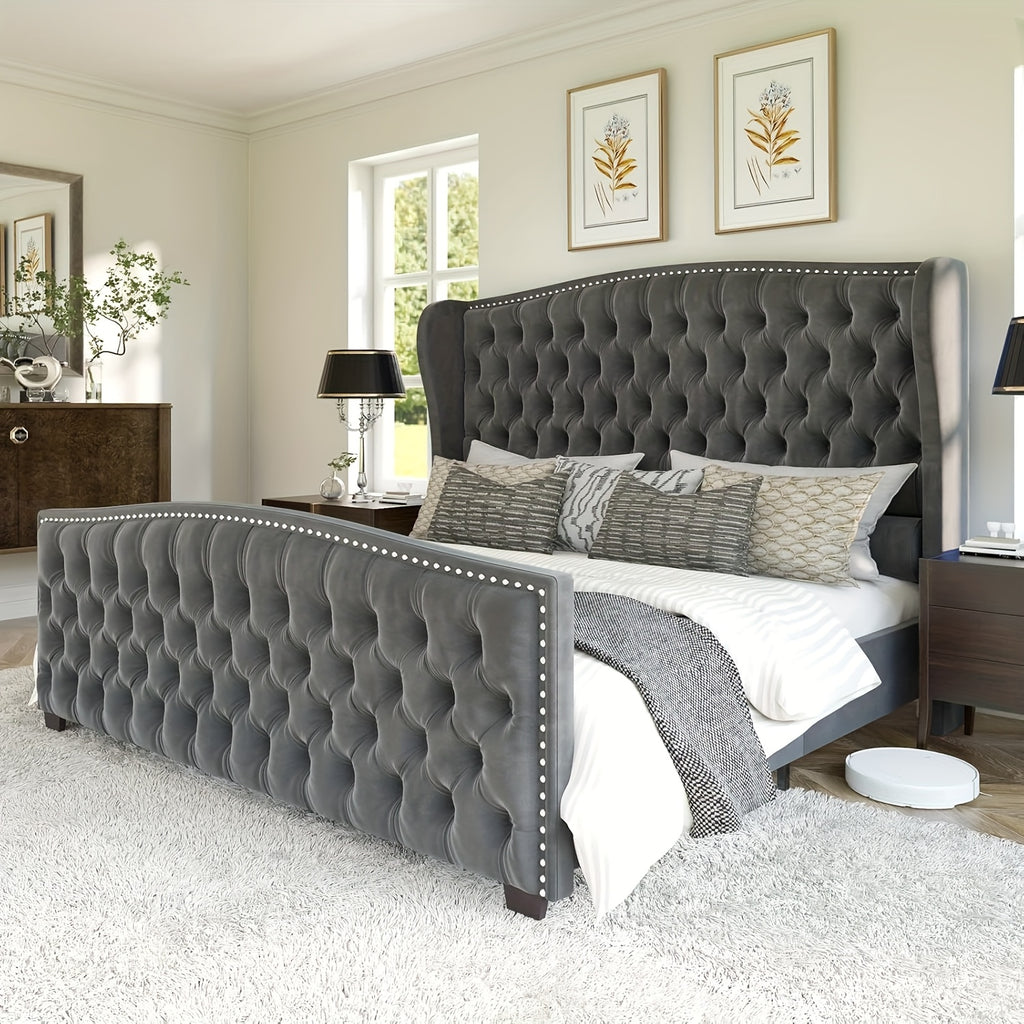 platform bed frame velvet upholstered bed deep button tufted