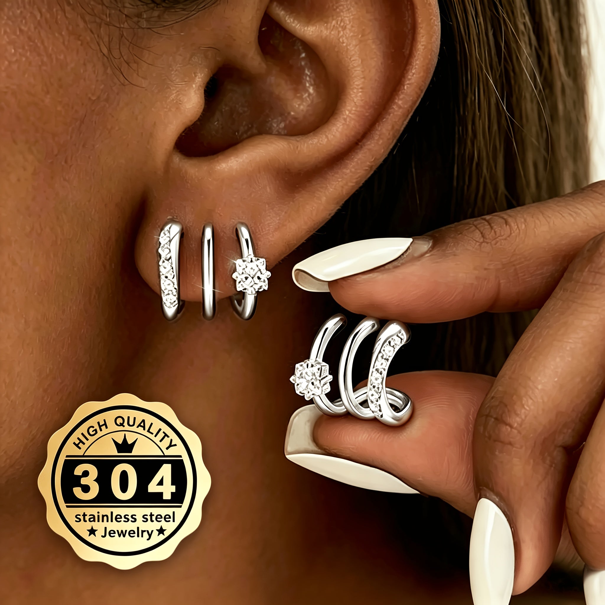 a pair high quality 304 stainless steel triple arc earrings