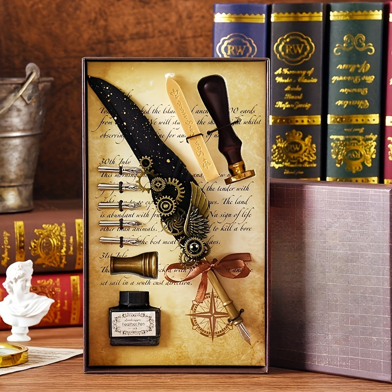 1 set feathers vintage mechanical gear pen wax print brass