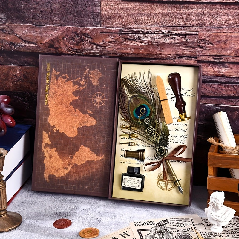 1 set feathers vintage mechanical gear pen wax print brass