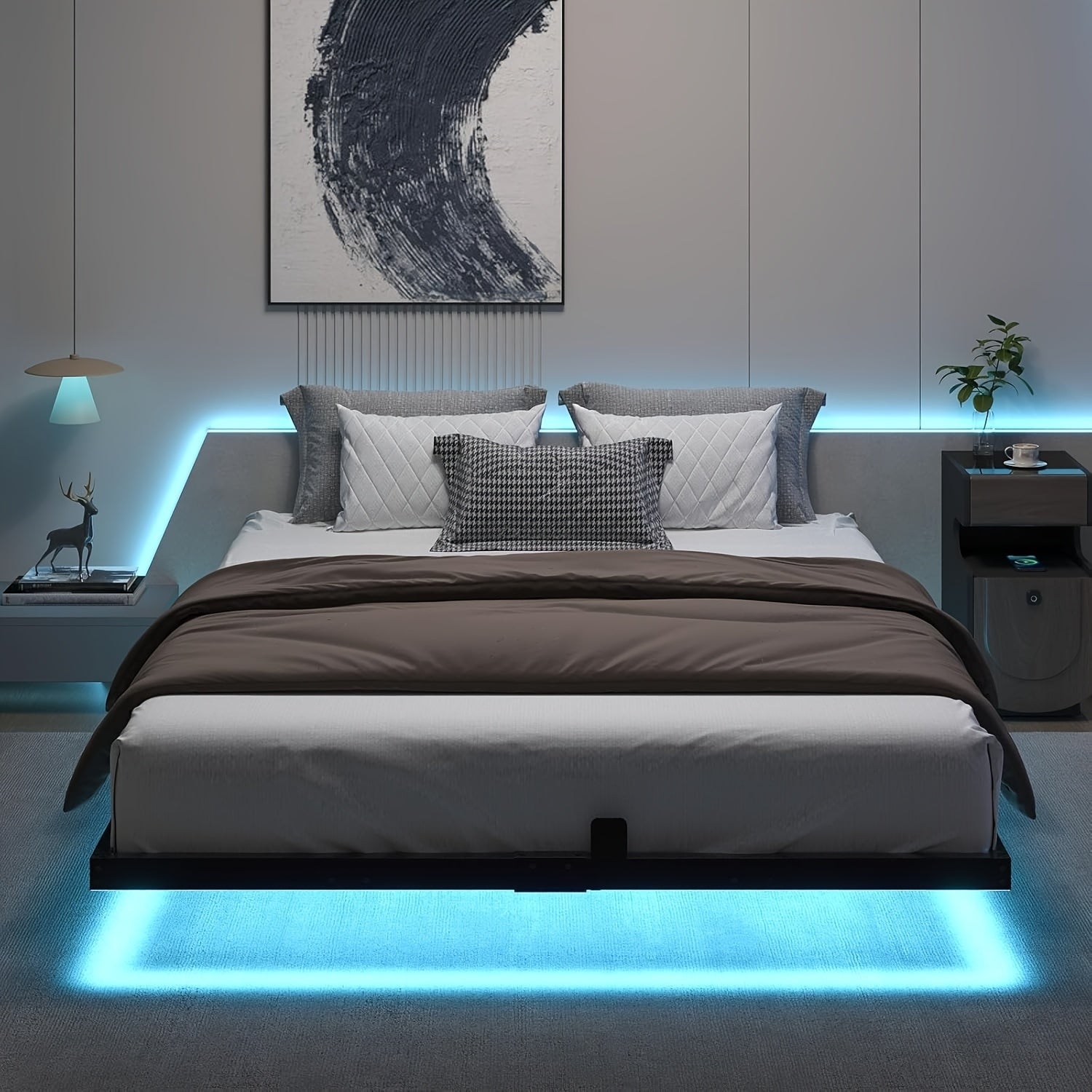 full queen king size floating bed frame smart led lights