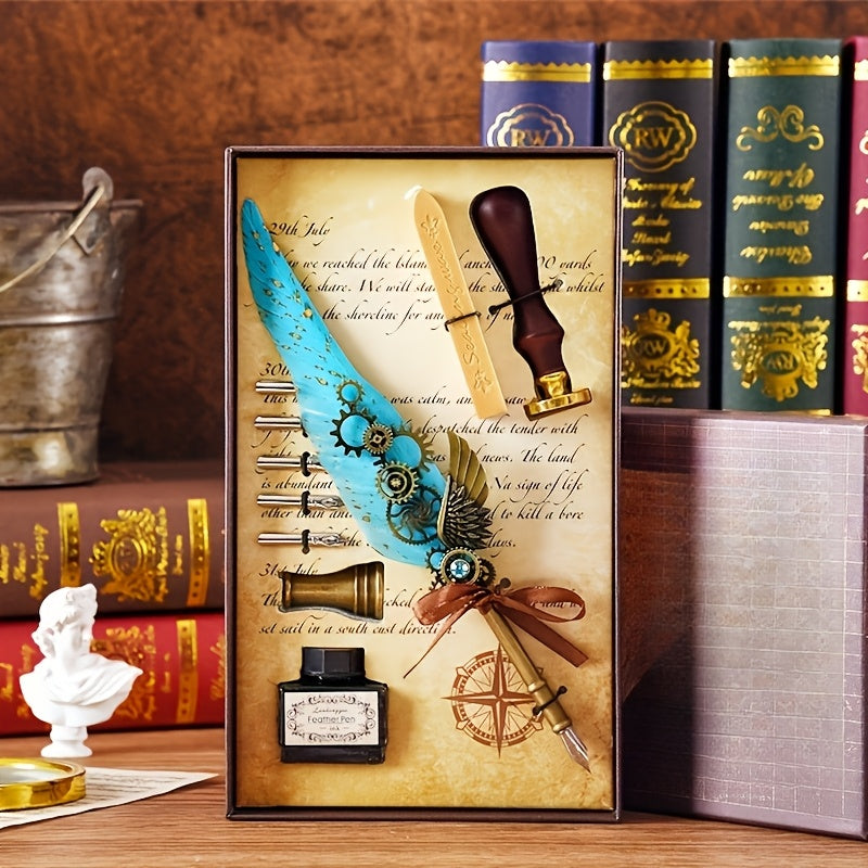 1 set feathers vintage mechanical gear pen wax print brass