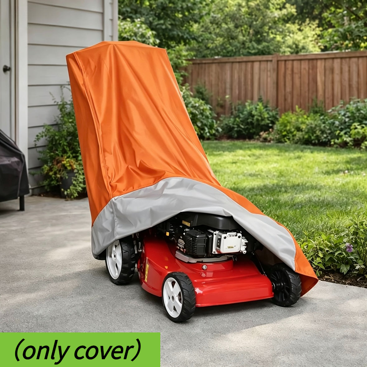 a lawn mower cover designed outdoor storage   in a