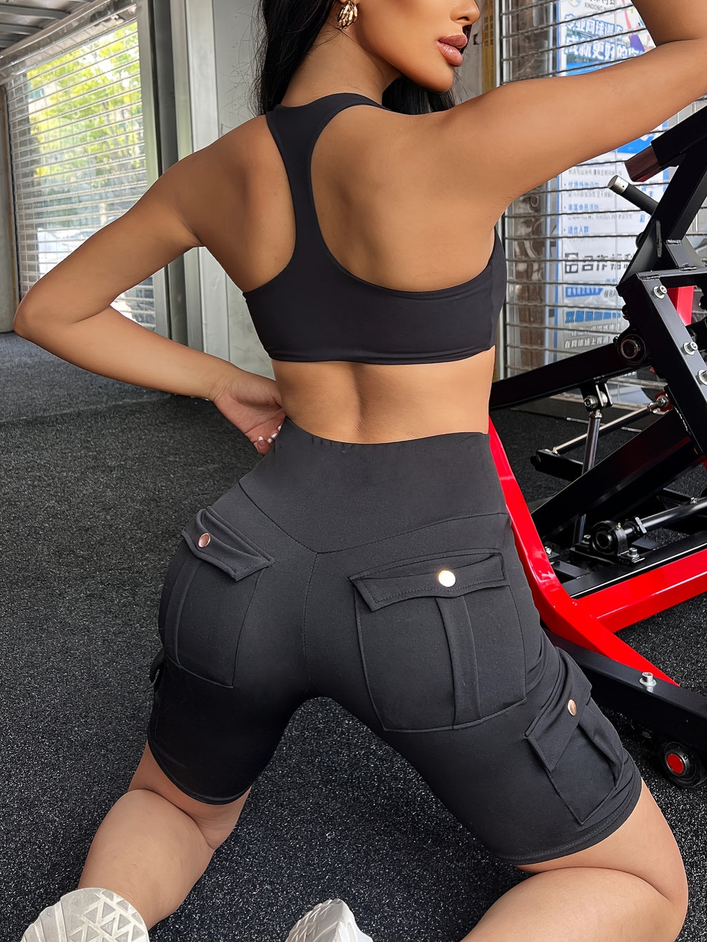 high waist womens solid color athletic yoga cargo shorts
