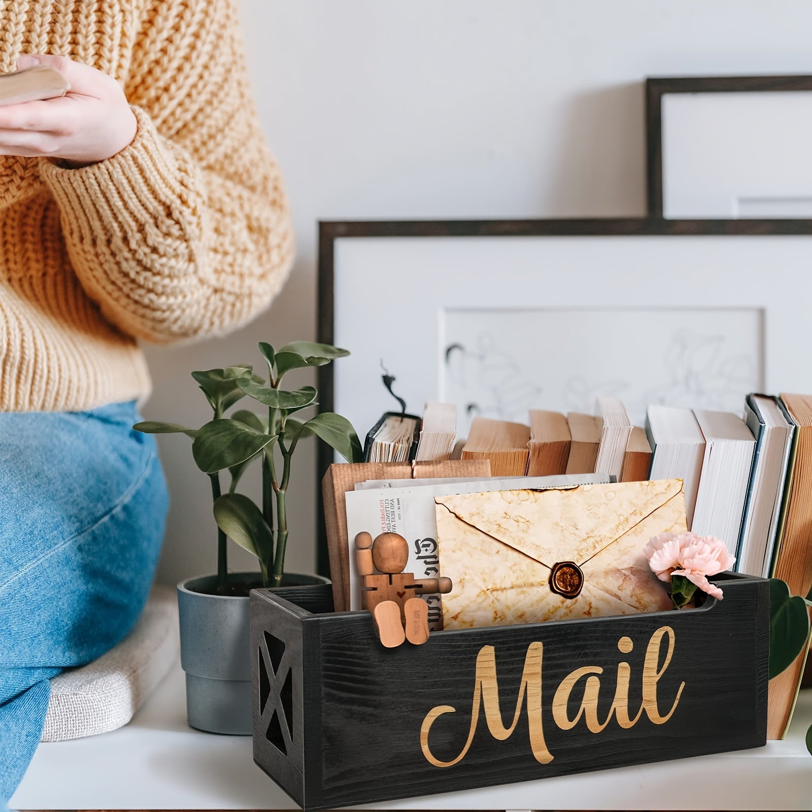 wooden mail holder storage organizer box rustic brown wood