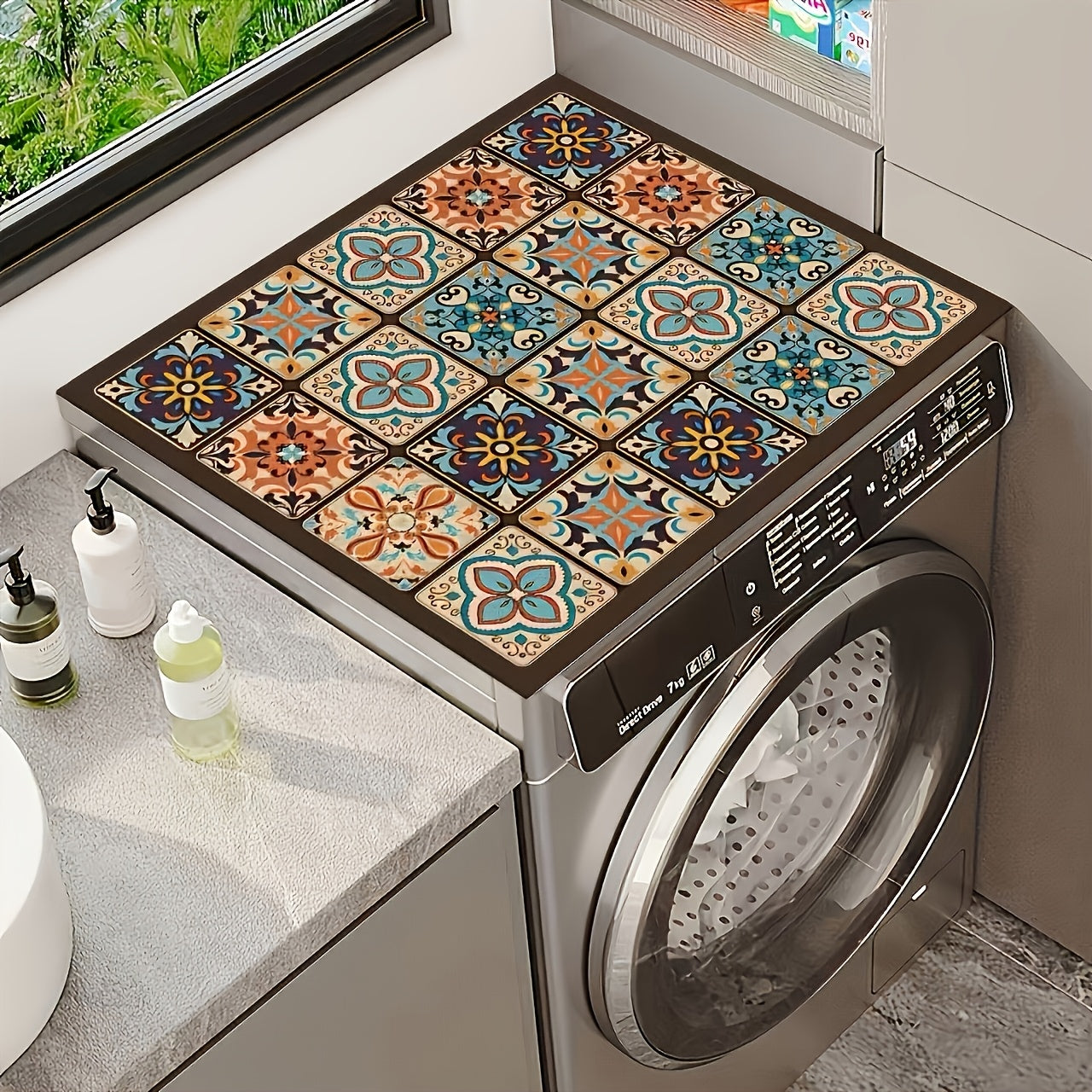 vibrant retro colorful tile washing machine cover durable 23