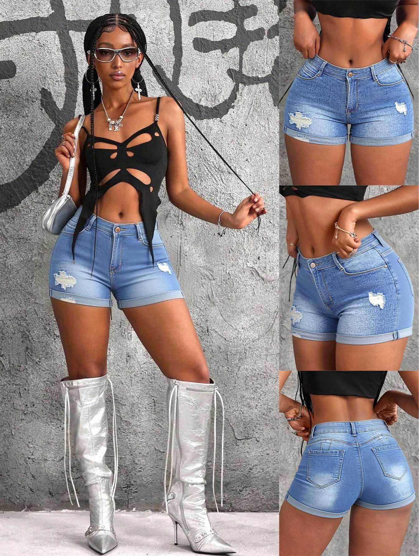 womens light blue washed denim shorts spring summer classic
