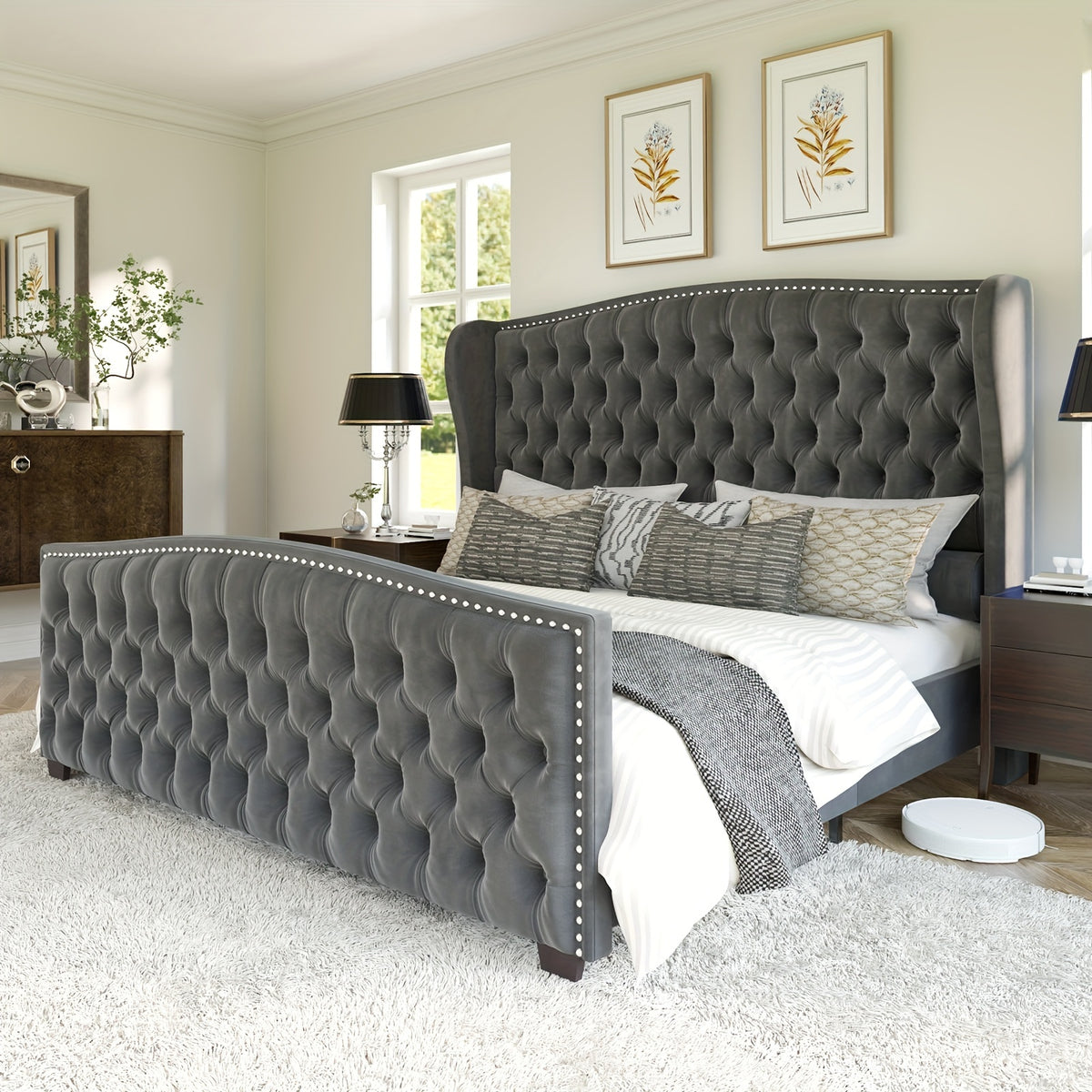 platform bed frame velvet upholstered bed deep button tufted