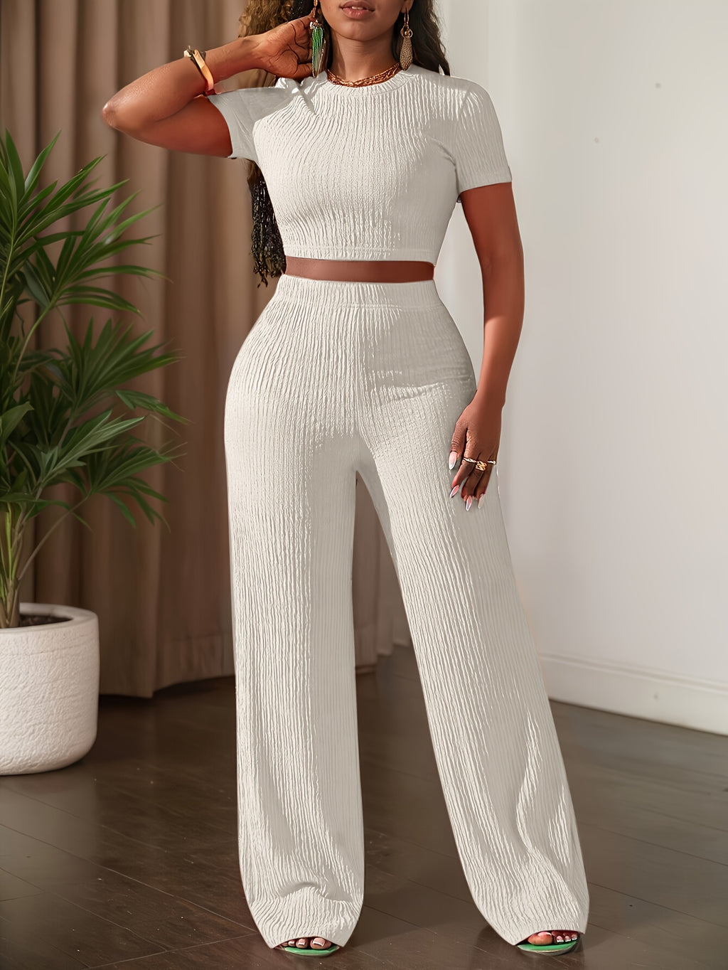 2025 new solid color short sleeve top wide leg pants casual