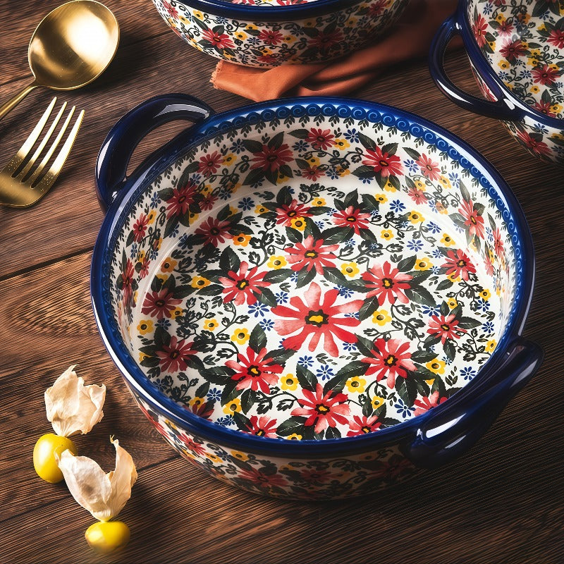1pc large 950ml ceramic soup bowl dual handles floral
